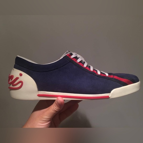 Gucci Blue Suede Script Logo Lace Up Low Sneakers Shoes size 8.5 - Picture 15 of 16